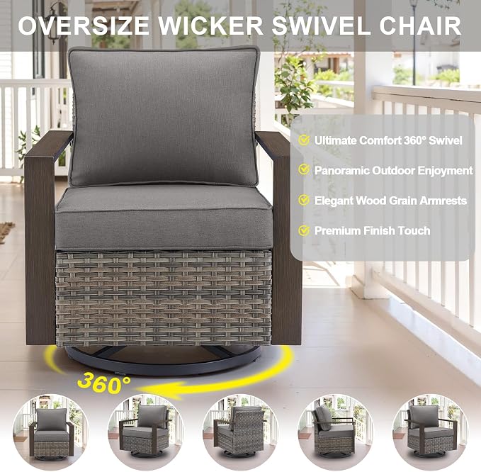 Belord 6 Piece Outdoor Patio Furniture Set with Propane Fire Pit Table, Wicker Patio Conversation Set with 2 Swivel Rocker Chairs Rattan Sofa and Removable 4" Thick Cushions for Deck Backyard