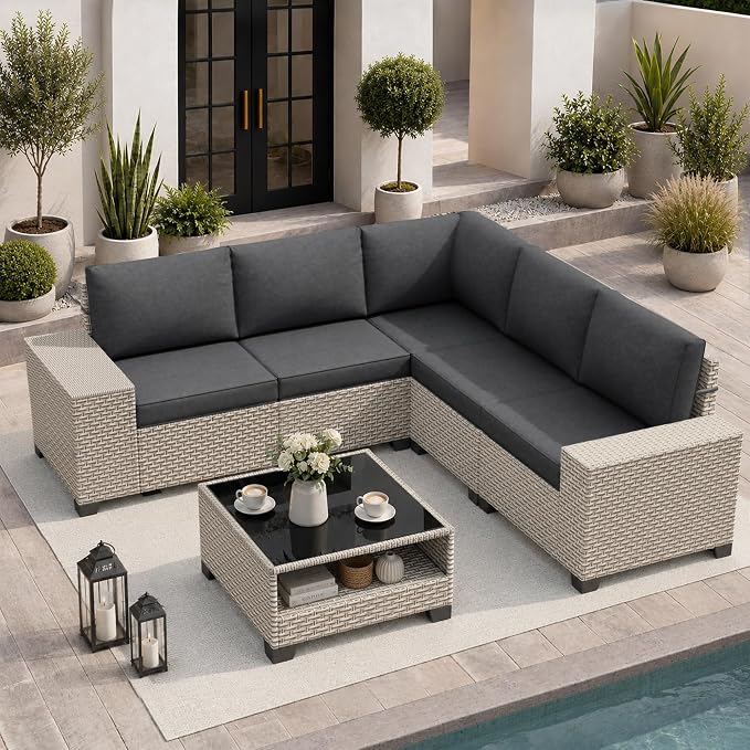 6-Piece Outdoor Patio Furniture Set, Modular Sectional Sofa Set with Glass Coffee Table and Cushions, Wicker Outdoor Couch Conversation Sets, Black
