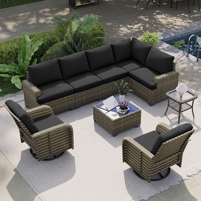 LazySunsets Luxury Patio Furniture Set，All-Weather Patio Sectional Sofas with Thickened Cushions, 8 Piece Outdoor Furniture Sectional Set with Swivel Rocker Chairs of 2，Black