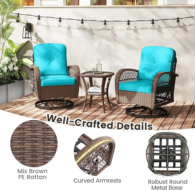 ORALNER 3 Pieces Wicker 360° Swivel Rocker Set Patio Furniture, Rocking Chairs with Cushions, Tempered Glass Coffee Table, Outdoor Rattan Bistro Set for Balcony Front Porch Deck Poolside (Turquoise)