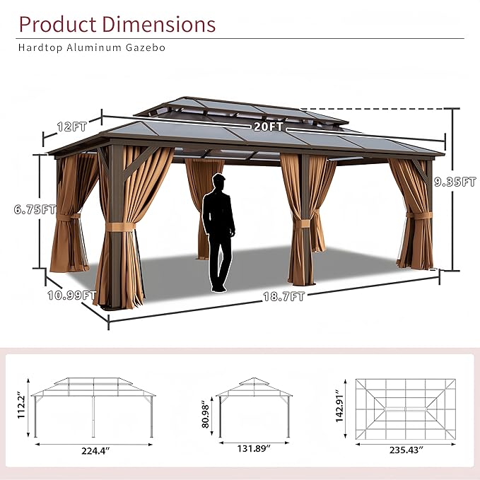 12’x20’ Hardtop Gazebo with Double Polycarbonate Roof Outdoor Metal Gazebo Sturdy Aluminum Frame & Removable Curtains, Netting Permanent Pavilion Pergola for Garden,Patio,Lawn (Brown)