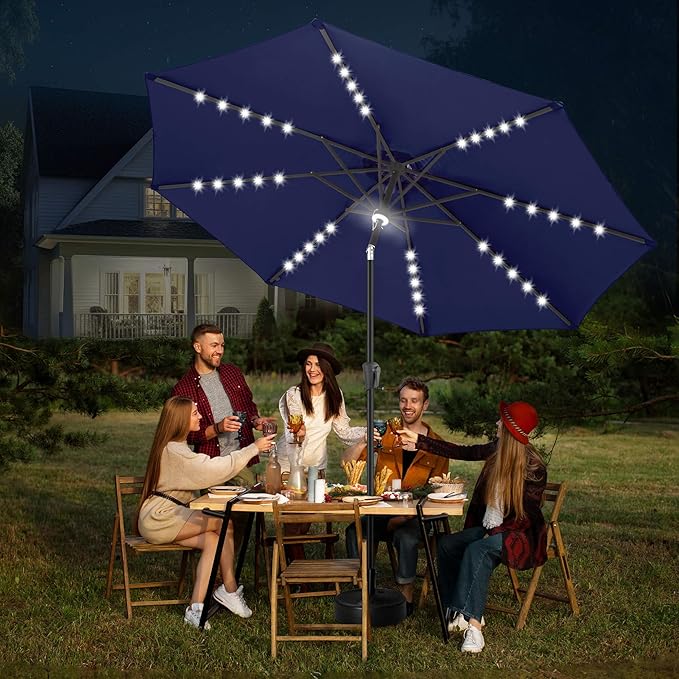 FLAME&SHADE 10 FT Solar Light Patio Umbrella, 40 LED lights outdoor umbrella with Centre Surround Light, Table Market Umbrella for Deck, Pool, Porch, Backyard, Garden, UV Protection, Navy Blue