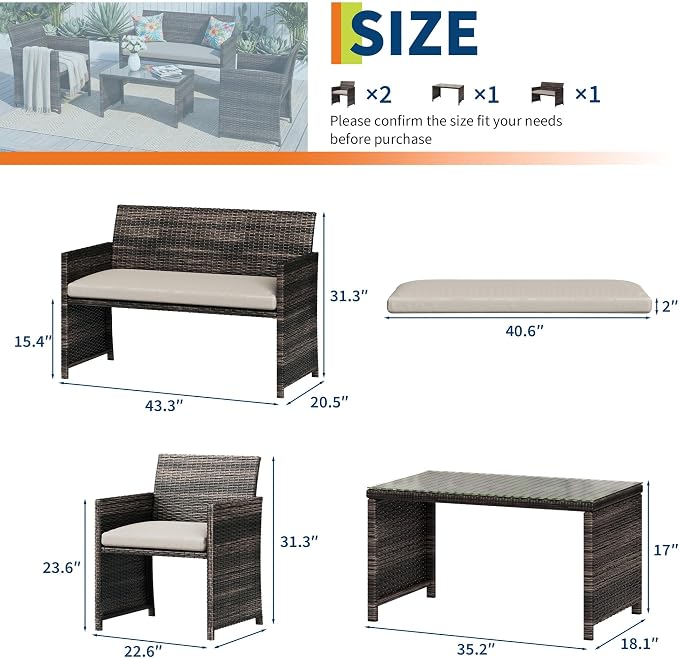 IDEALHOUSE 4 Piece Outdoor Wicker Patio Furniture Set, with Coffee Table & Seat Cushions for Backyard, Porch Seating
