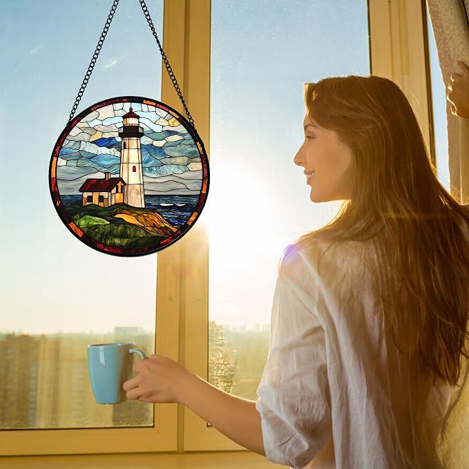 DASTOLL Stained Glass Window Hanging, Ocean Lighthouse Sun Catchers Glass Panel Blue Green Suncatcher Decor for Birthday for Women, Men, Wife, Aunt, and Mom 6.3 in
