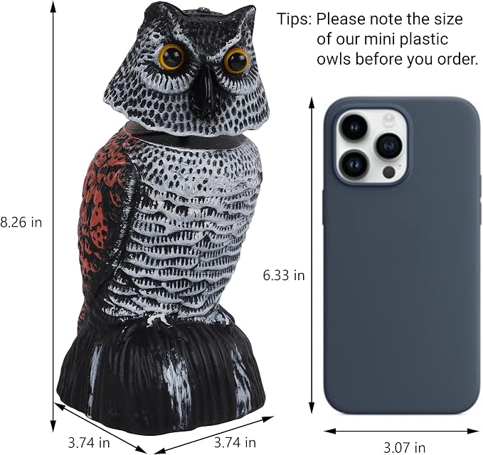 Hausse 3 Pack Bird Scarecrow Mini Fake Owl Decoy Sculpture, 8.26 inch Wagging Head Plastic Small Owl Bird Deterrents, Nature Enemy Horned Pest Repellent for Outdoor Garden Yard