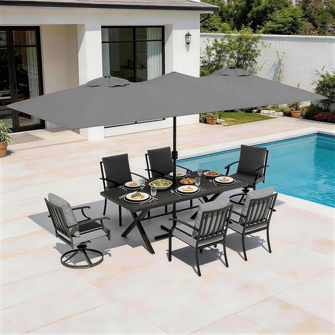 8 Pieces Patio Dining Set,Metal Outdoor Furniture Set Includes 13.6FT Grey Umbrella,Hole Cut-Out 78.7" x 35.4" Table and 6 Metal Backrest Chairs for Backyard,Garden,Grey