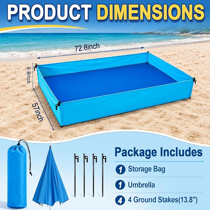 6x4.7 Ft Beach Puddle for Toddlers, Portable Beach Pool with Umbrella,No Dig Large Sand Free Sandbox Water Play Mat Beach Essentials with Carrying Bag for Boys Girls