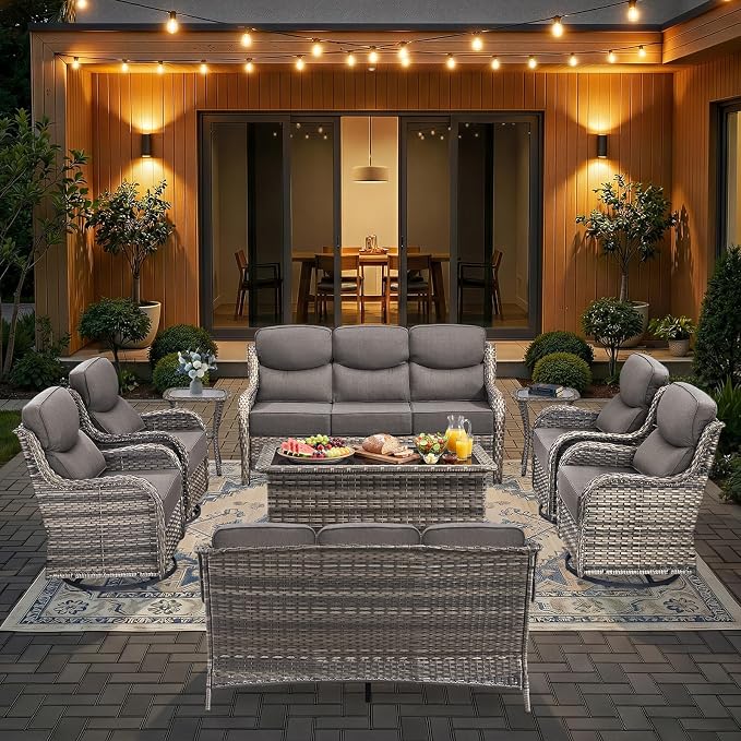 HUMMUH 9 Pieces Wicker Outdoor Furniture Set 6-inch Cushions High Back Patio Sofa Swivel Rocker Chairs Set of 2 with Coffee Table for Porch,Deck,Backyard
