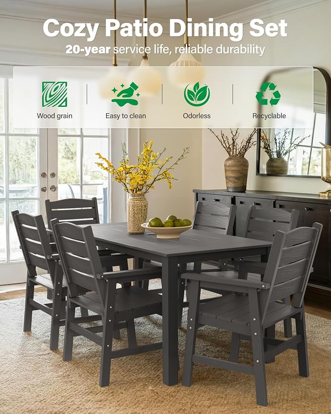 YEFU 7-Piece Patio Dining Sets: All-Weather Outdoor Table and Chairs Outside Furniture with Umbrella Hole & Aluminum Frame - HIPS Modern Patio Dining Set for 6 for Family Gatherings in Deck/Pool Grey