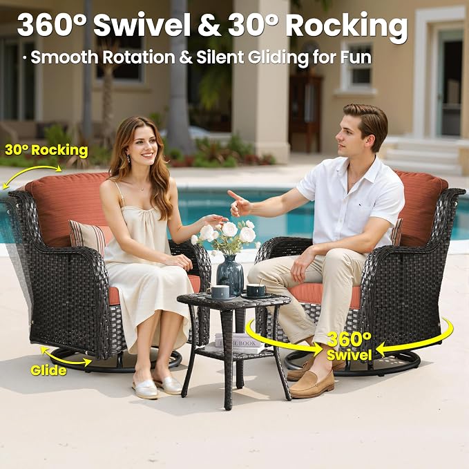 ovios 10-Piece Patio Furniture Set with Swivel Chairs Side Table, Outdoor Wicker Sofa with 54" Fire Pit Table, High Back Couch Modern Conversation Sets, Brown/Orange Red