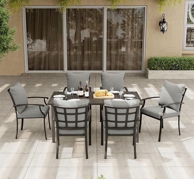HAPPATIO 7-Piece Patio Dining Set, Outdoor Dining Set with Powder-Coated Metal,Dining Table with Umbrella Hole, 6 Stackable Chairs with Removable Cushions for Porch Poolside Garden,Grey