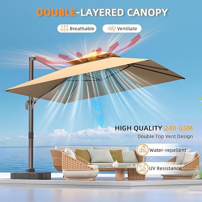 10' X 13' Outdoor Patio Umbrella Large Rectangle Cantilever Umbrella with Base Included, Heavy Duty 360°Rotation Offset Umbrella for Garden Deck Pool Patio,Brown