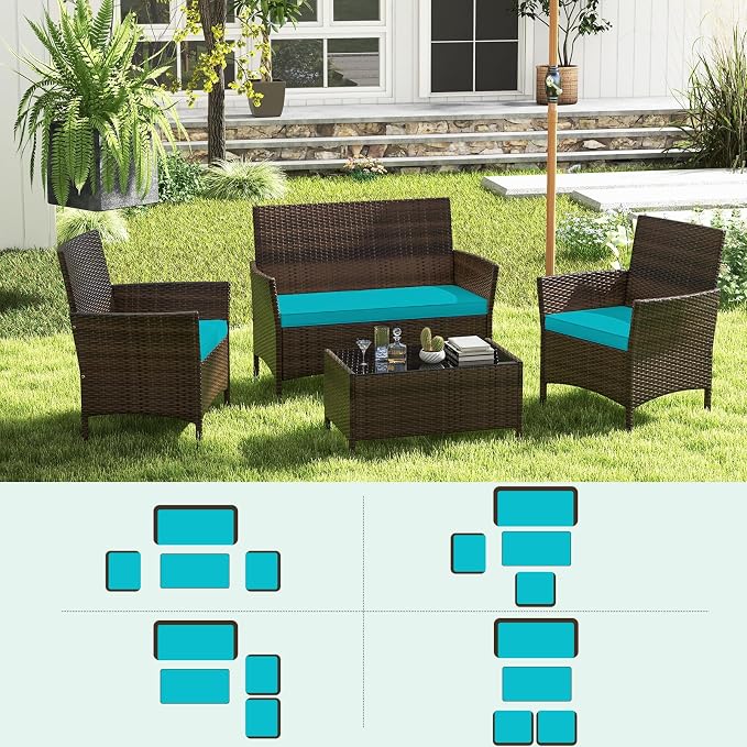 ORALNER 4 Pieces Patio Furniture Set, Rattan Chairs Loveseat with Soft Cushion and Glass Table, Outdoor Wicker Conversation Set for Balcony Garden Backyard Porch Poolside (Turquoise)