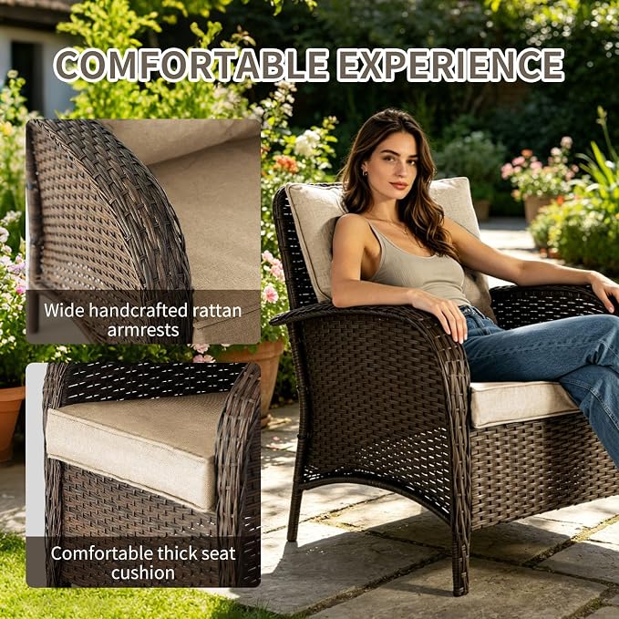Outdoor Swivel Rocker Patio Chairs (Brown Wicker/Khaki Cushion, 6PC/Sofa & Chair &Coffee Table & Ottomans)