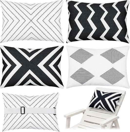 Juexica 4 Pcs Black & White Chaise Lounge Headrest Pillow, 16 x 11'', Stripe Decorative Outdoor Patio Neck Headrest Pillow, Adjustable Elastic Strap, Waterproof for Pool Recliner Hammock Beach Chair