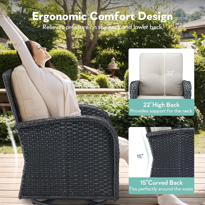 7 Piece Patio Furniture Set - Wicker Patio Conversation Set with Swivel Glider, 3 Seat Sofa, 2 Ottomans, Glass Side Table and Coffee Table for Deck Backyard - Black Wicker Beige Cushion