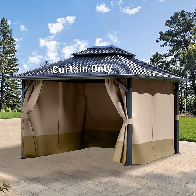Aoodor 10x12 ft Outdoor Gazebo Curtains, 4 Panels Waterproof Privacy Sidewall Replacement with Zipper for Patio Pergola and Canopy, Sand Yellow and Khaki