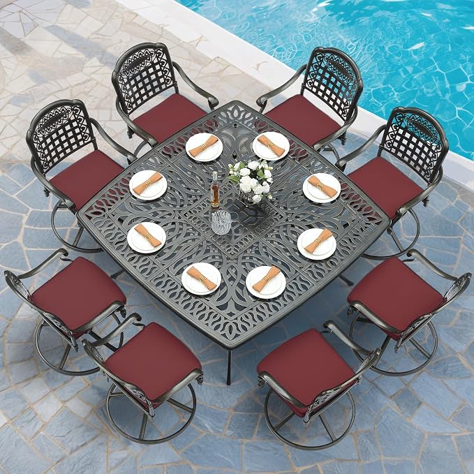 MEETWARM 9-Piece Outdoor Patio Dining Set, All Weather Cast Aluminum Patio Funiture Table and Chairs Set- Large 64" Square Table and 8 Cushioned Swivel Rocker Chairs for Garden, Umbrella Hole, Red
