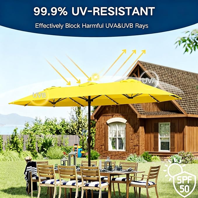 Large Patio Umbrella with Solar Lights and Base, Double-Sided Outdoor Rectangle Umbrella with 48 LED Lights, Market Table Umbrellas with UV Resistant Canopy