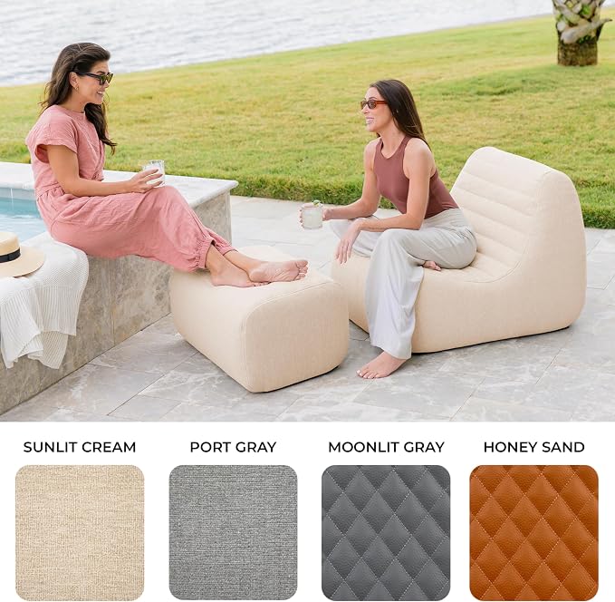 Big Joe Solvana Outdoor Lounge Chair and Ottoman, 2 Piece Patio Furniture Set, Performance Linen Weather-Resistant Fabric, Sunlit Cream