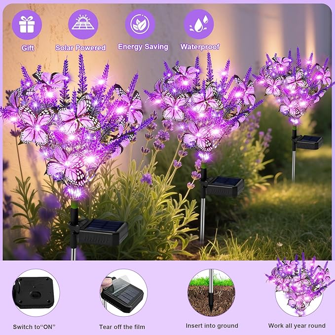 NBQQ Solar Garden Lights Outdoor 4 Pack Lavender Butterfly Lights, Solar Artificial Flower Outdoor Waterproof Decoration Gardening Gifts for Women, Yard Patio Pathway Lawn Courtyard Decoration