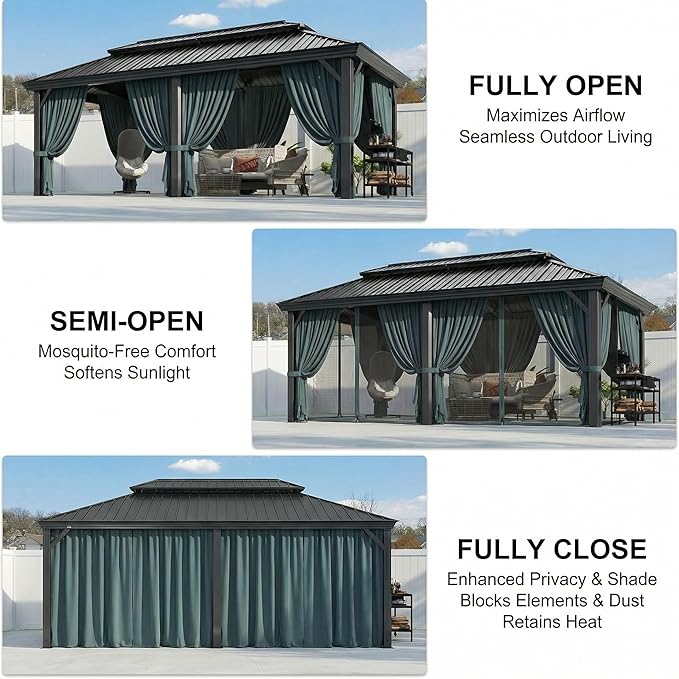 HOTEEL Gazebo 12x20 on Clearance with Metal Roof, Heavy Duty Hardtop Gazebo with Flame-Retardant Curtain & Netting, Outdoor Gazebos with Galvanized Steel Double Roof for Party,Patio Black