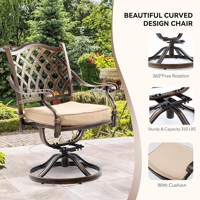 7 Piece Outdoor Dining Set Cast Aluminum Furniture Set, Retro Patio Dining Set for 6 includes 59” Table & 4 Stackable Chairs & 2 Swivel Chairs with Cushions and 2" Umbrella Hole for Patio Deck Garden