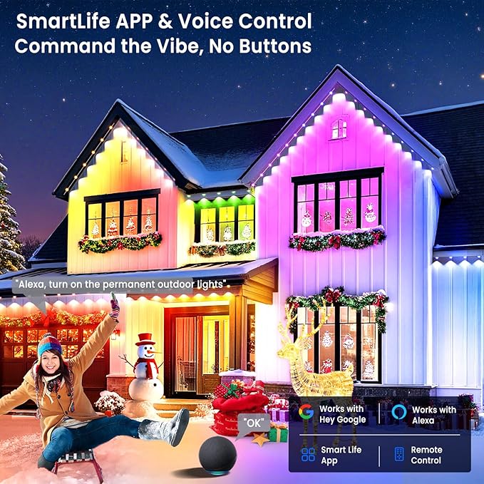 Smart Permanent Outdoor Lights for House, 200ft with 96 RGB+IC Outdoor Permanent Lights, P67 Waterproof with DIY Scene for Halloween Christmas Decor, Remote Control, Work with Alexa, Google Assistant