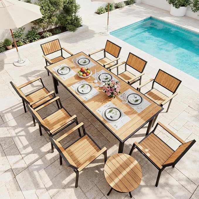 10-Piece Patio Dining Set, Outdoor Weather-Resistant Plastic-Wood Table & 8 Stackable Chairs, Outdoor Durable Aluminum Frame Furniture for Garden, Poolside, Backyard