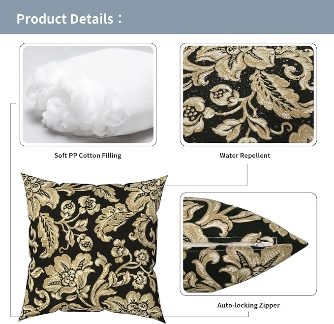 Outdoor Pillows with Insert 18x18 Inch, Waterproof Throw Pillow for Patio Furniture, Decorative Back Cushion for Garden Home Sofa Office Chair, Set of 2, Jacobean Black