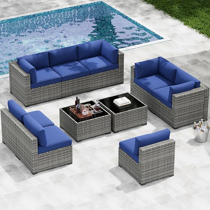 LazySunsets 10-Piece Patio Furniture Set, Wicker Rattan Outdoor Furniture with Thick Cushions, Patio Conversation Sets with Coffee Table, Outdoor Sectional Couch Sofa, Blue