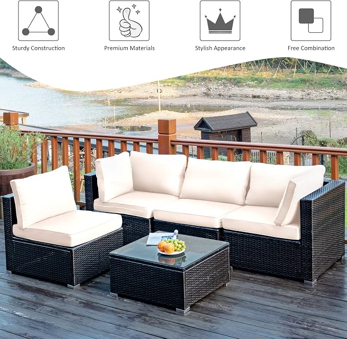 Tangkula 5 Pieces Patio Furniture Set, All Weather Wicker L-Shaped Corner Sofa Set w/Soft Cushions, Outdoor Sectional Conversation Couch Set w/Glass Table for Backyard Garden Poolside (White)