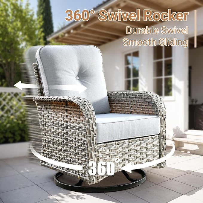 HOOOWOOO Sectional Patio Furniture Set with Fire Pit Table,15 Pieces Wicker Outdoor Furniture L Shaped Couch,Outside Conversation Set Extra Deep Seat Sofa Wide Arm Swivel Chairs Solar Light,Gray