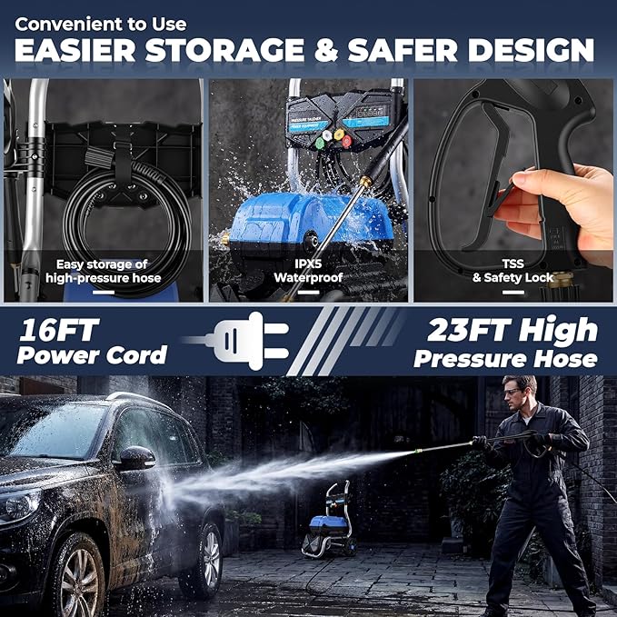 MAX+5000PSI+4GPM+3L Foam Bottle Electric Pressure Washer, Professional Electric Power Washer with 33FT Hose 5 Nozzles 8" Wheels, Commercial/Household/Removable Pressure Washer Electric Powered, Blue