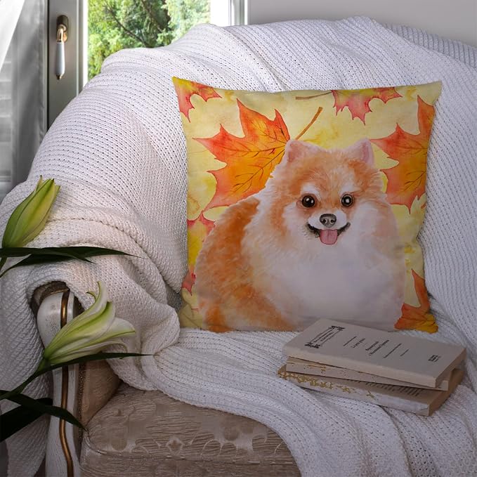 Caroline's Treasures BB9977PW1414 Pomeranian #2 Fall Fabric Decorative Pillow, Yellow Machine Washable, Indoor Outdoor Decorative Pillow for Couch, Bed or Patio, 14Hx14W