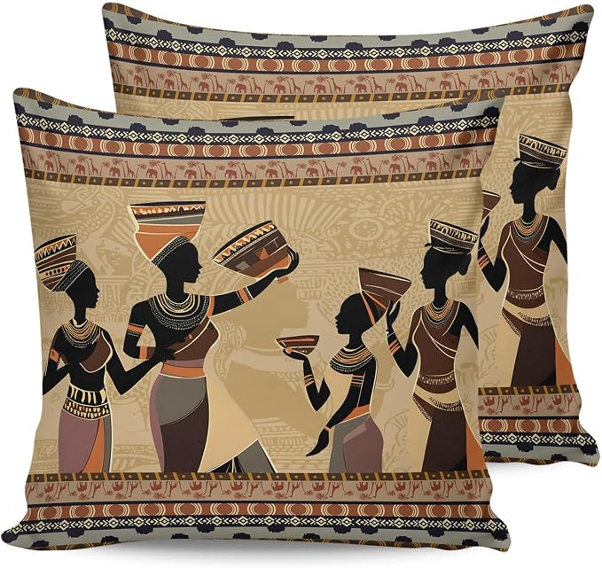 Outdoor Waterproof Throw Pillows 18x18in, African Black Woman Ethnic Stripes Patio Pillows Pack of 2,Decorative Pillow Covers with Insert,Pillow Cushion Case for Garden Couch Sofa Traditional Style