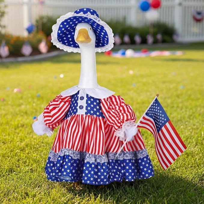 Soulchen 1 Set 4th of July Porch Goose Outfit 23 Inch Cement American Flag Patriotic Goose Dress Clothes and Hat Set for 250th Anniversary Independence Party Yard Lawn Outdoor Garden Patio Decor