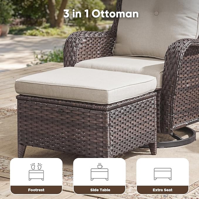 Belord 5 Piece Wicker Patio Furniture Set, Outdoor Swivel Rocker Chairs Set of 2 with Ottomans and 3 Seater Sofa, All Weather Patio Conversation Furniture Set, for Porch Pool, Brown Wicker/Beige