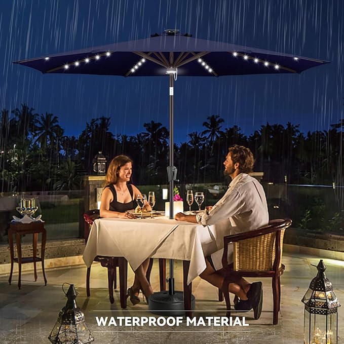 11FT Solar Umbrella Outdoor - Lighted Solar Patio Umbrella with 40 LED Lights Waterproof UV Protection, Table Umbrella with Tilt for Pool, Porch, Garden, Deck, Backyard - Navy Blue