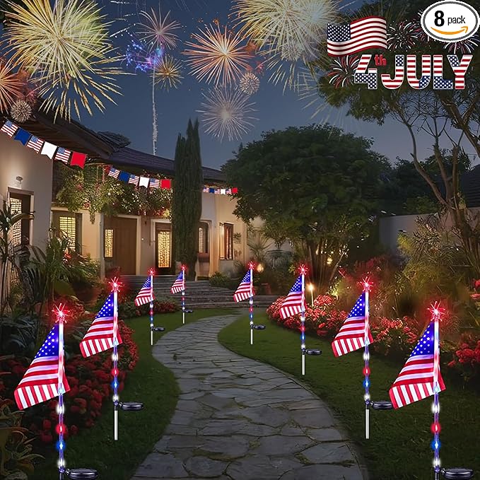 4th of July Decorations Outdoor Solar Lights, 8 Pack Red White and Blue American Flag Star Lights for National Day, 2 Modes Waterproof Solar Patriotic Light for Independence Memorial Day Yard Path