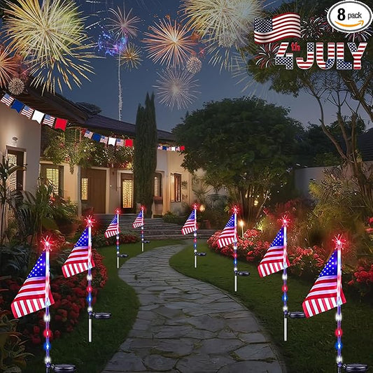 4th of July Decorations Outdoor Solar Lights, 8 Pack Red White and Blue American Flag Star Lights for National Day, 2 Modes Waterproof Solar Patriotic Light for Independence Memorial Day Yard Path