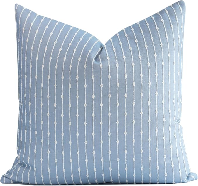 Coastal Linen Indoor Outdoor Throw Pillow Cover Only, 20"x20" Water Repellent for Patio, Backyard, Couch, Light Blue Embroidered Stripes