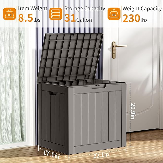 PatioZen 31 Gallon Resin Deck Box, Lockable Patio Outdoor Storage Box for Furniture, Garden Tools and Tools Storage, Waterproof Outside Storage Boxes - Grey