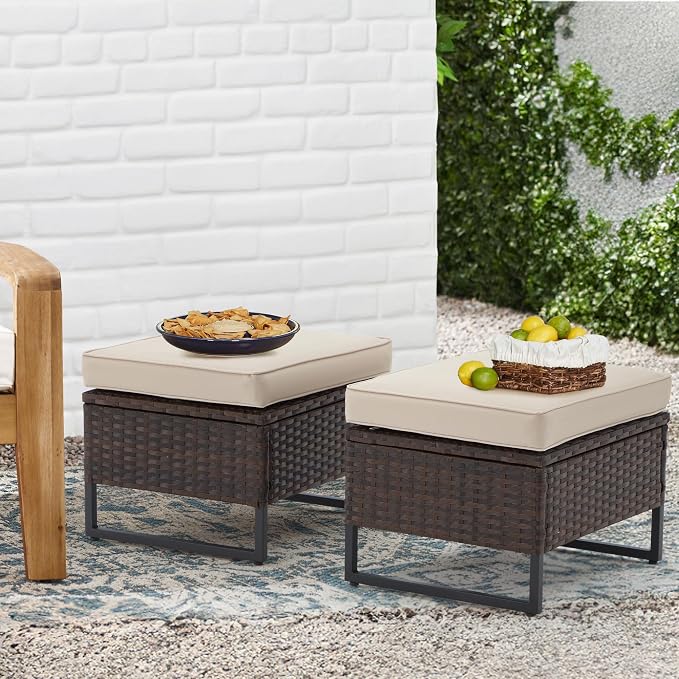 AVAWING Outdoor Wide Wicker Ottomans Set of 2, All-Weather Rattan Ottoman Seat for Garden, Backyard and Balcony, Patio Footstool with Removable Cushions, Beige 18.5" D x 22" W x 17" H