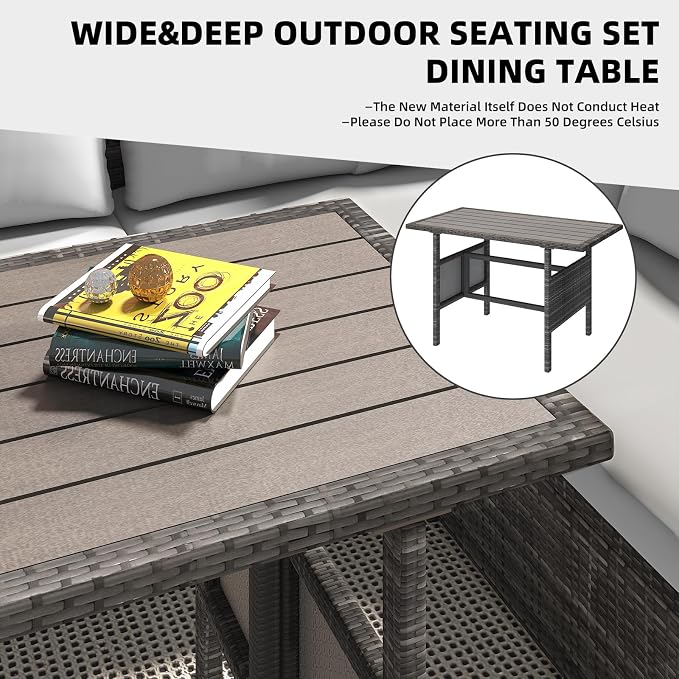 AECOJOY Outdoor Patio Furniture Set, 7 Pieces Clearance Sectional Rattan Dining Table&Chairs, All Weather Wicker Conversation Sofa Couch with Ottoman, Light Grey Cushions&Grey Rattan