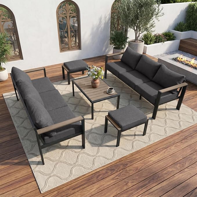 Outdoor Patio Furniture Set 5 Pieces Luxury Aluminum Patio Conversation Set with Coffee Table 8 Seats, Thick Cushions, Large Sectional Sofa for Porch, Balcony, Deck, Yard, Dark Gray