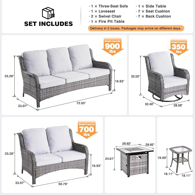 ovios 6 Pieces Patio Furniture Set with 30 inch Fire Pit Table, Outdoor Wicker Sofa Couch Loveseat, Swivel Rocking Glider Chairs, Modern Conversation Set, Grey Rattan, Grey