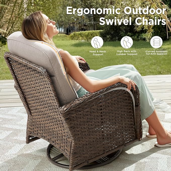 10 Pieces Luxury Patio Furniture Set with 42.5" Fire Pit Table, 6-Inch Thick Cushions Wicker Outdoor Furniture with Swivel Patio Chairs Set of 4, Outdoor Patio Conversation Set for Garden Deck, Beige