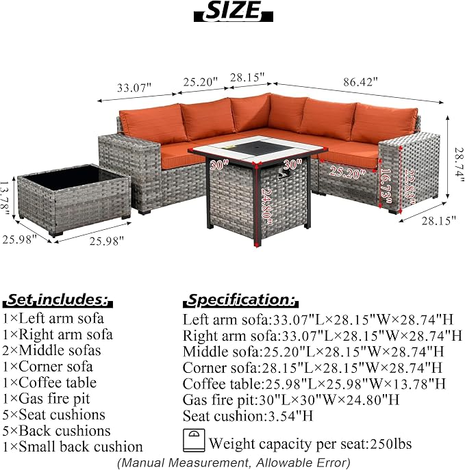 HOOOWOOO Modular Patio Outdoor Sectional Furniture Set with Gas Propane Fire Pit Table,7 Piece Wicker Conversation Sofa Set,Out Door Couch Set with Wide Arm Outside(Black)