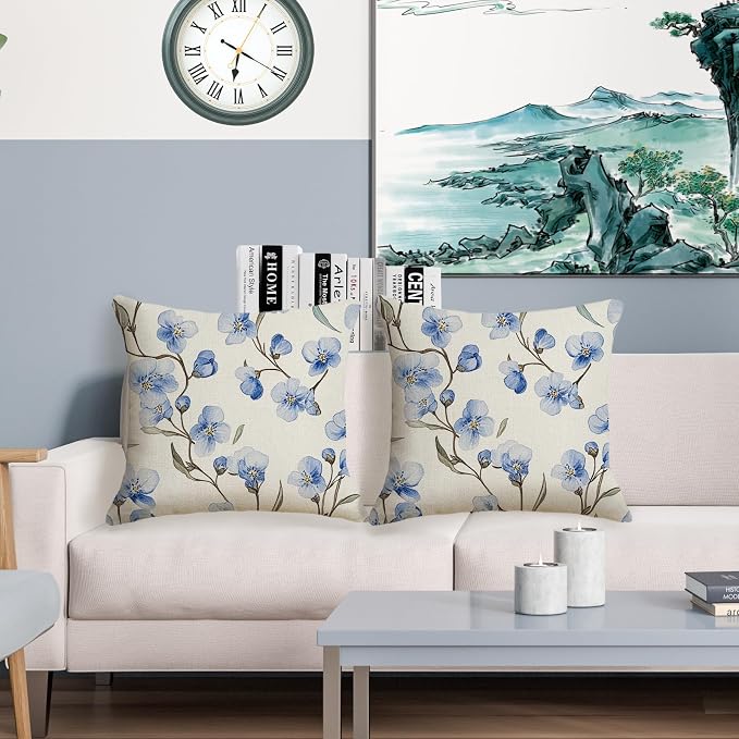 Outdoor Blue Floral Throw Pillow Covers 20x20 inch Set of 2 Waterproof Flower Pillow Cases Limonium Decorative Cushion Covers for Patio Garden Balcony